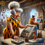 Ilustración divertida estilo Picapiedra de una gerente senior configurando un sistema de control horario prehistórico con una máquina de piedra. Imagen que representa el control horario como una herramienta legal clave en la gestión laboral. Blog Rumbo Legal.