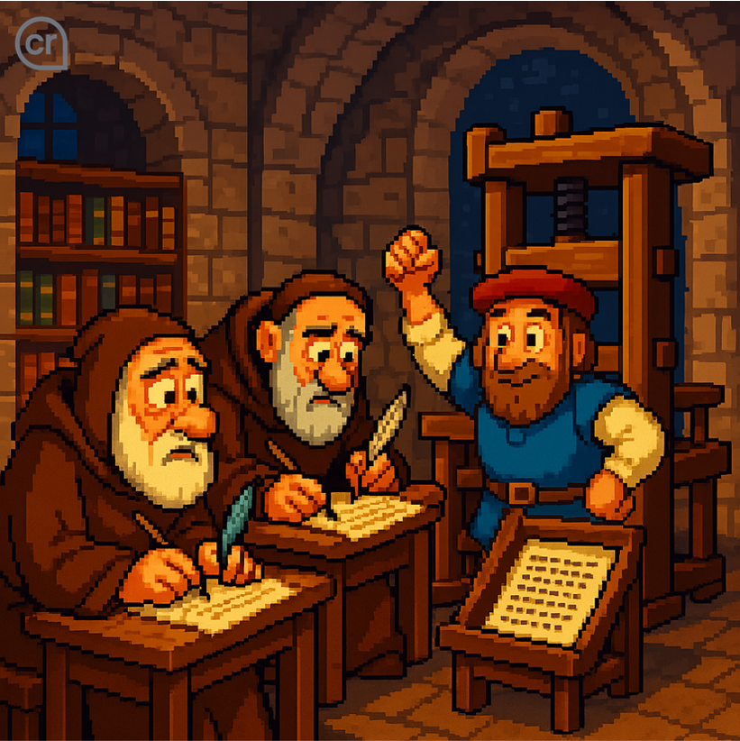 Ilustración en pixel art de Gutenberg con una imprenta observando a dos monjes copistas en un scriptorium medieval, simbolizando el cambio de modelo de negocio y la automatización de la producción de conocimiento, con paralelismo hacia la Inteligencia Artificial en el siglo XXI.