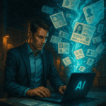 Empresario interactuando con una IA que filtra datos personales confidenciales en un entorno industrial, ilustrando los riesgos de privacidad al usar herramientas de inteligencia artificial sin protección legal.