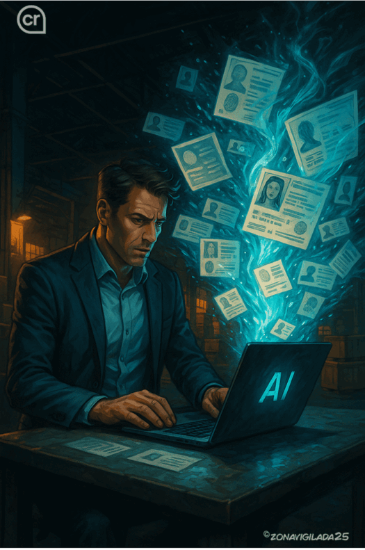 Empresario interactuando con una IA que filtra datos personales confidenciales en un entorno industrial, ilustrando los riesgos de privacidad al usar herramientas de inteligencia artificial sin protección legal.